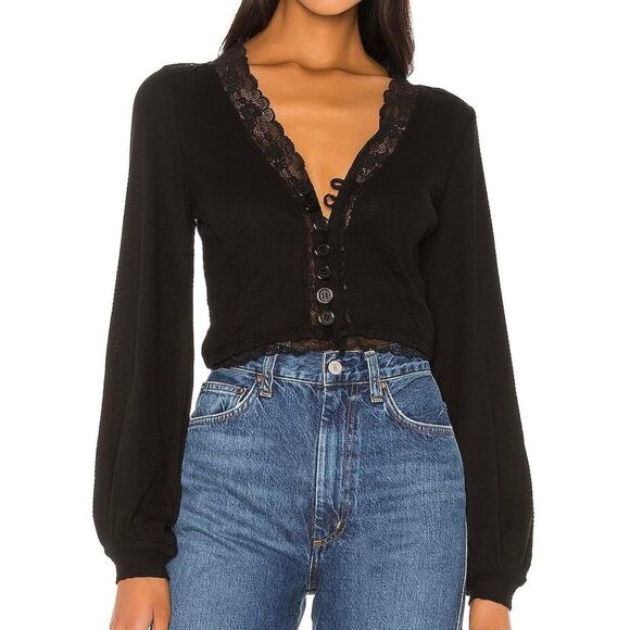 Free People Run With Me Cardigan Sweater Womens Sz XL Ribbed Lace Goth Black - Picture 1 of 6